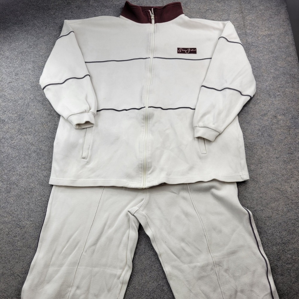 Sean John Tracksuit Mens 2XL White Burgundy Zip Mock Neck Jacket Pants Set